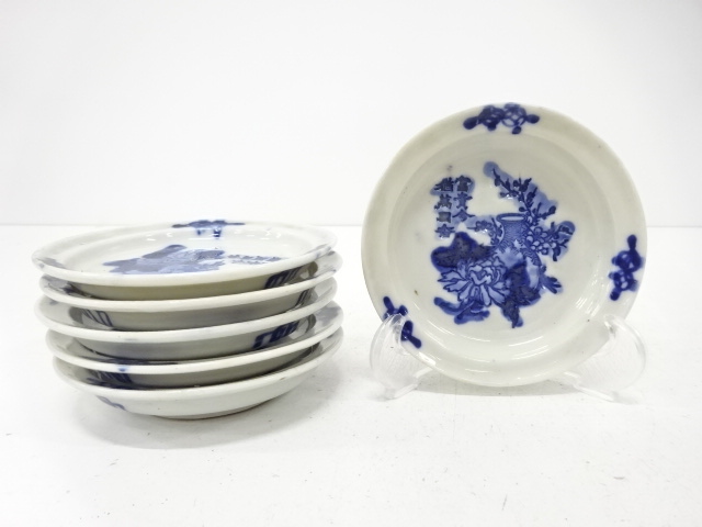 JAPANESE CERAMICS / SMALL PLATE / SET OF 6 / BLUE & WHITE (PORCELAIN) / PEONY